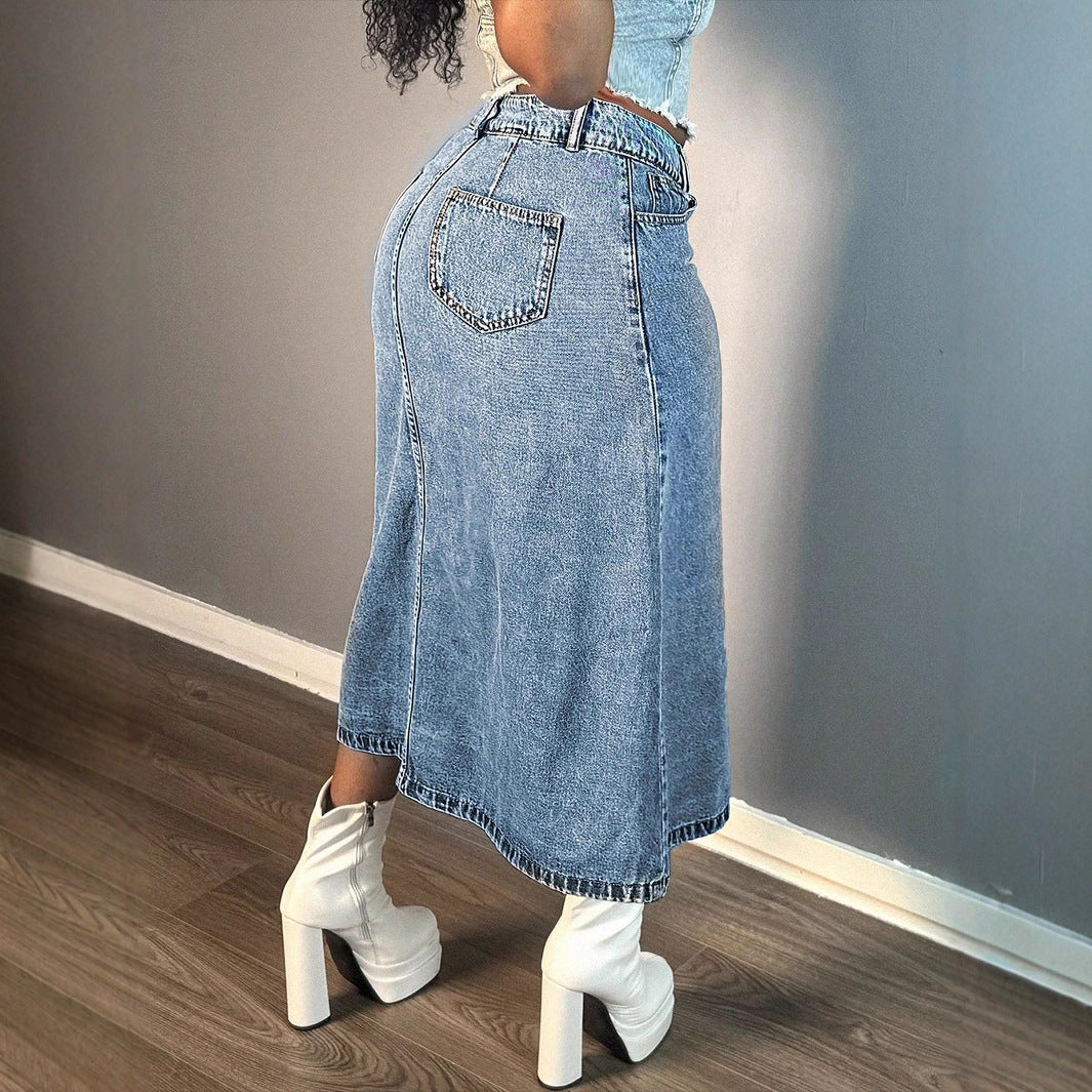 Damen Midirock aus Denim mit durchgehender Knopfleiste und taillenhohem A-Linien-Schnitt Shop Nory