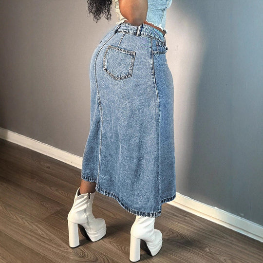 Damen Midirock aus Denim mit durchgehender Knopfleiste und taillenhohem A-Linien-Schnitt Shop Nory