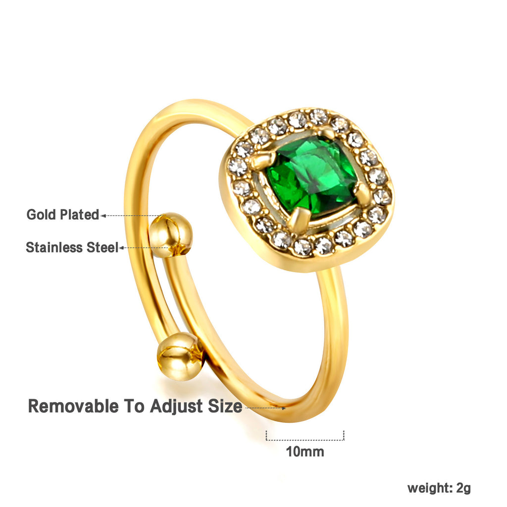Damen Verstellbarer Ring mit funkelndem smaragdgrünem Anhänger und goldplattierter Edelstahlverarbeitung Shop Nory
