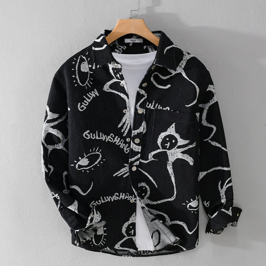 Herren Overshirt mit grafischem Doodle‑Print, Druckknopfverschluss und Brusttasche Shop Nory