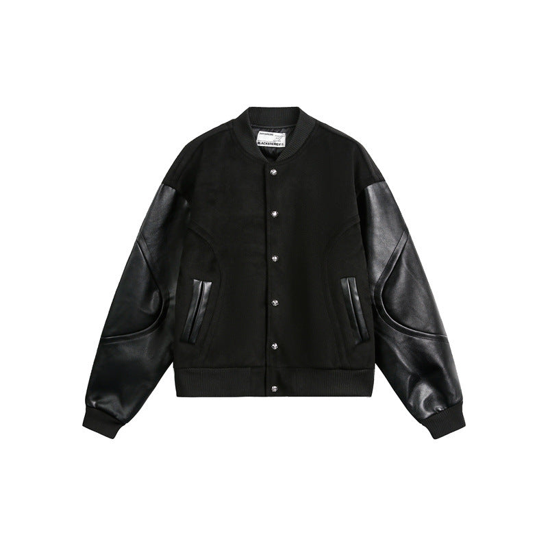 Unisex Kastig geschnittene Bomberjacke im College-Look mit Wollmix-Körper und Lederoptik-Ärmeln Shop Nory