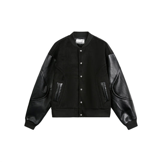 Unisex Kastig geschnittene Bomberjacke im College-Look mit Wollmix-Körper und Lederoptik-Ärmeln Shop Nory