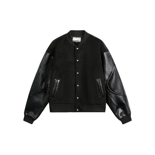 Unisex Kastig geschnittene Bomberjacke im College-Look mit Wollmix-Körper und Lederoptik-Ärmeln Shop Nory