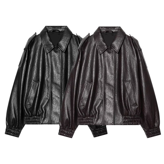 Damen Oversized Kunstleder-Bomberjacke mit Schulterklappen und gerafftem Saum Shop Nory