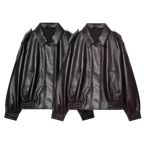 Damen Oversized Kunstleder-Bomberjacke mit Schulterklappen und gerafftem Saum Shop Nory