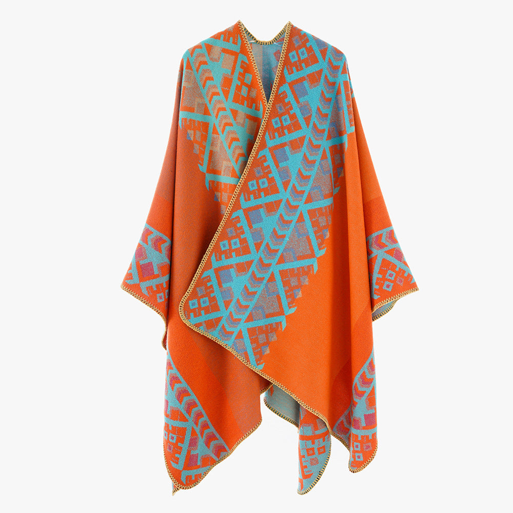 Damen Gewebter Oversize-Ruana mit Ethno-Jacquard und Zierkettelung Shop Nory