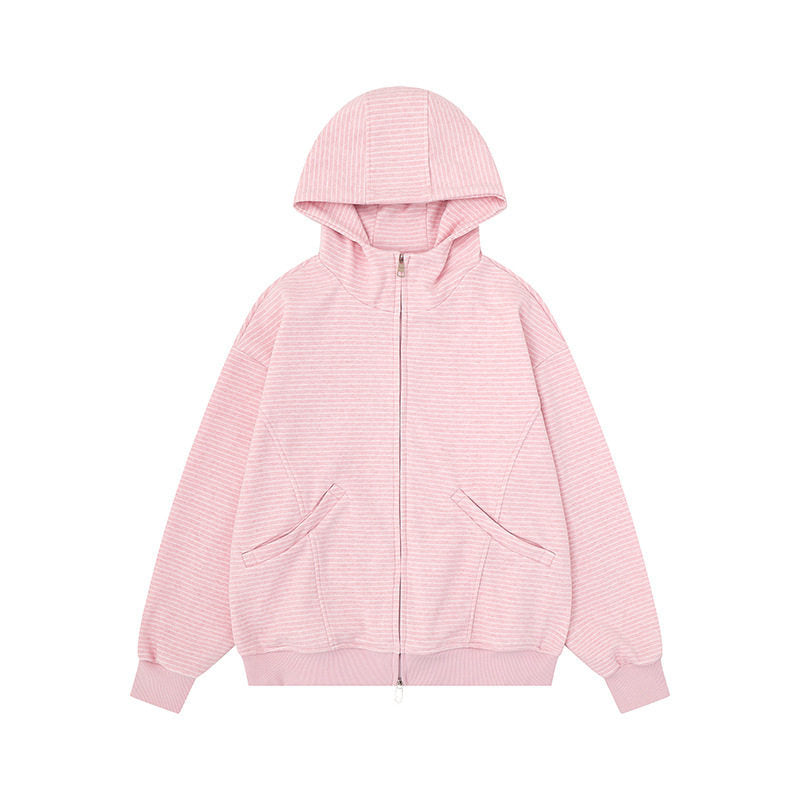Unisex Gestreifte Kapuzen-Sweatjacke mit Reißverschluss und Kängurutaschen Shop Nory