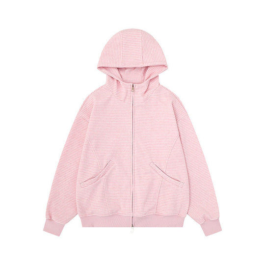 Unisex Gestreifte Kapuzen-Sweatjacke mit Reißverschluss und Kängurutaschen Shop Nory