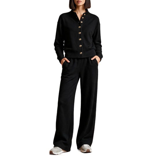 Damen Sweatjacke mit Druckknopfleiste, Stehkragen und weichem Lounge-Schnitt Shop Nory