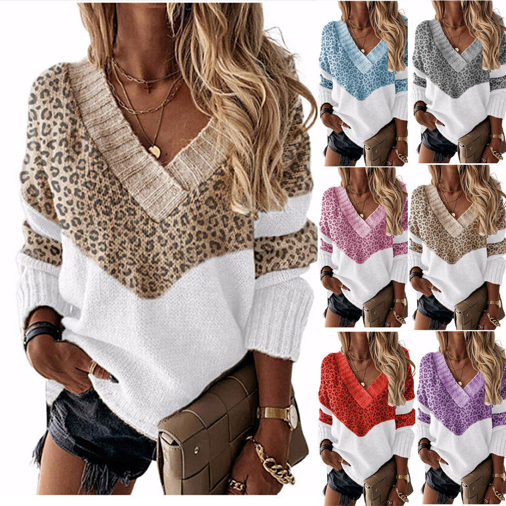 Damen V‑Ausschnitt Strickpullover mit Leo‑Print und Colorblock‑Design Shop Nory
