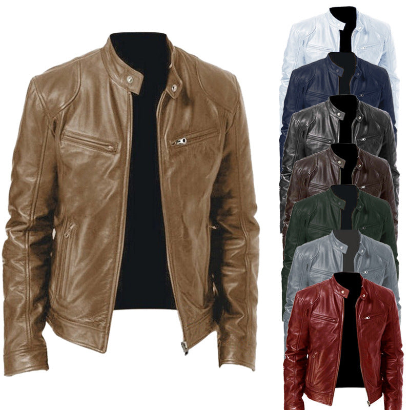 Herren schlanke Echtleder-Bikerjacke mit Stehkragen, zwei Brust-Reißverschlusstaschen und geradliniger Silhouette Shop Nory