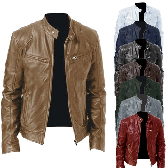 Herren schlanke Echtleder-Bikerjacke mit Stehkragen, zwei Brust-Reißverschlusstaschen und geradliniger Silhouette Shop Nory