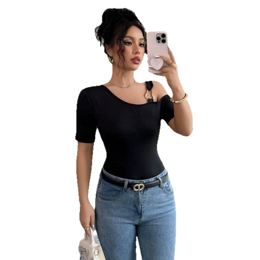 Damen eleganter Body mit asymmetrischem Ausschnitt und kurzärmeliger Gestaltung Shopnory