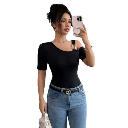 Damen eleganter Body mit asymmetrischem Ausschnitt und kurzärmeliger Gestaltung Shopnory