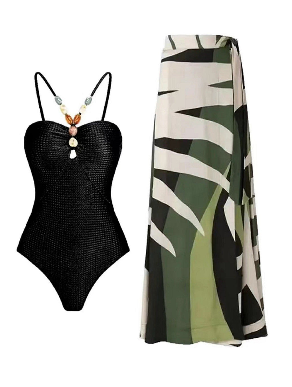 Damen Badeanzug mit elegantem Wickelrock und modischen Schmuckdetails
