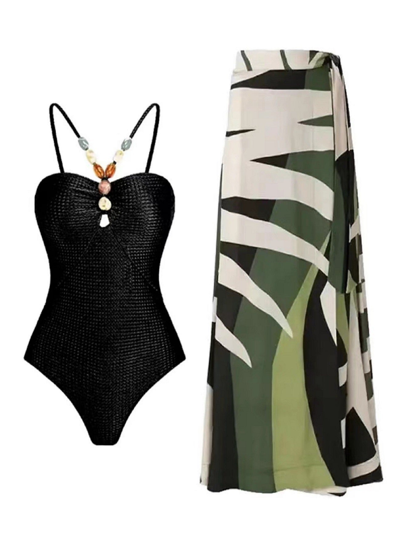 Damen Badeanzug mit elegantem Wickelrock und modischen Schmuckdetails