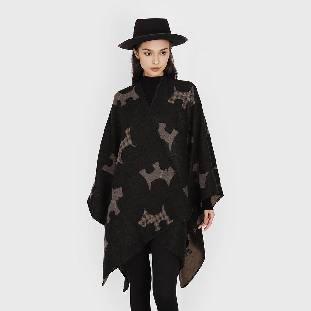 Damen Jacquard-Cape mit Hunde‑Motiv, doppelseitiger Wollmix und offenem Wasserfall‑Schnitt Shop Nory