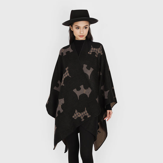 Damen Jacquard-Cape mit Hunde‑Motiv, doppelseitiger Wollmix und offenem Wasserfall‑Schnitt Shop Nory