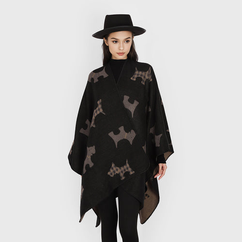 Damen Jacquard-Cape mit Hunde‑Motiv, doppelseitiger Wollmix und offenem Wasserfall‑Schnitt Shop Nory