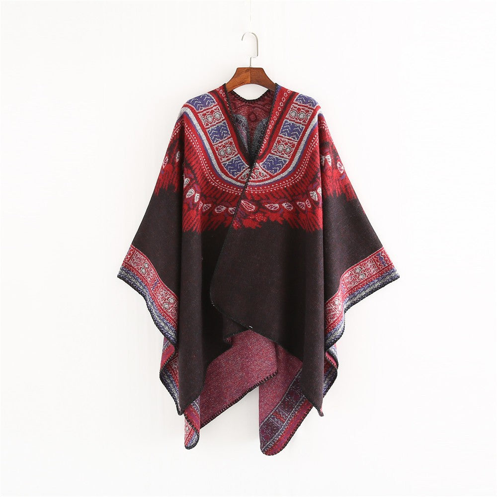 Damen Oversize-Poncho im Ethno-Jacquard mit V-Ausschnitt und strukturiertem Saum Shop Nory