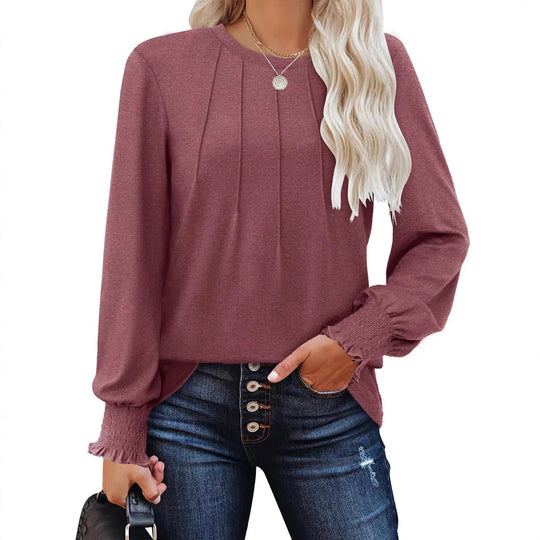 Damen Longsleeve-Tunika mit senkrechten Biesen und gerafften Rüschbündchen Shop Nory