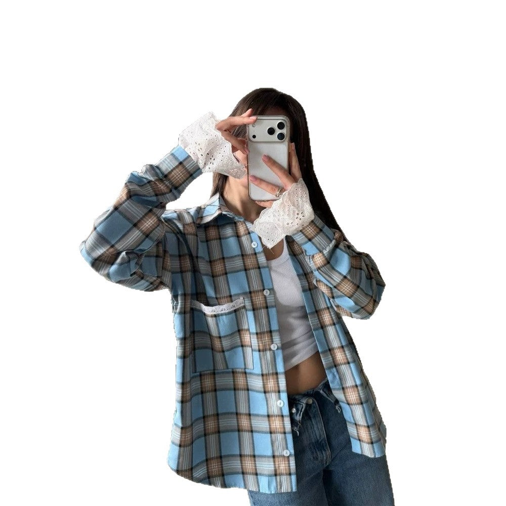 Damen Oversize-kariertes Flanellhemd mit Spitzenmanschetten und Zierpaspel Shop Nory