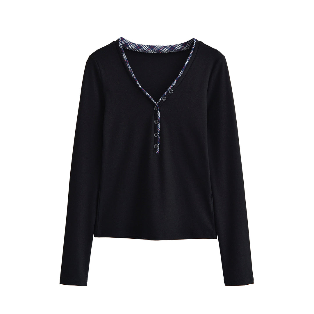 Damen Langarmshirt mit V-Ausschnitt, Knopfleiste und Karobesatz Shop Nory
