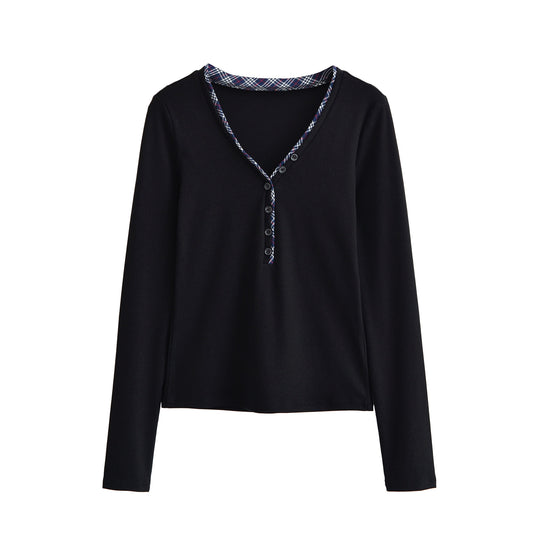 Damen Langarmshirt mit V-Ausschnitt, Knopfleiste und Karobesatz Shop Nory