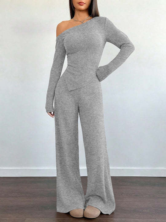 Damen Asymmetrisches Strick-Lounge-Set mit One-Shoulder-Oberteil und weitem Bein Shop Nory