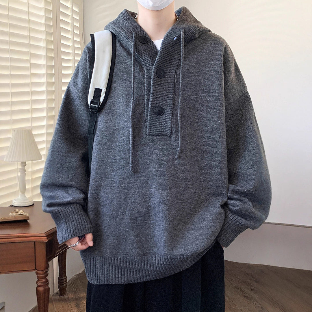 Unisex Oversize Strick-Hoodie mit Halbknopfblende und Rippbündchen Shop Nory