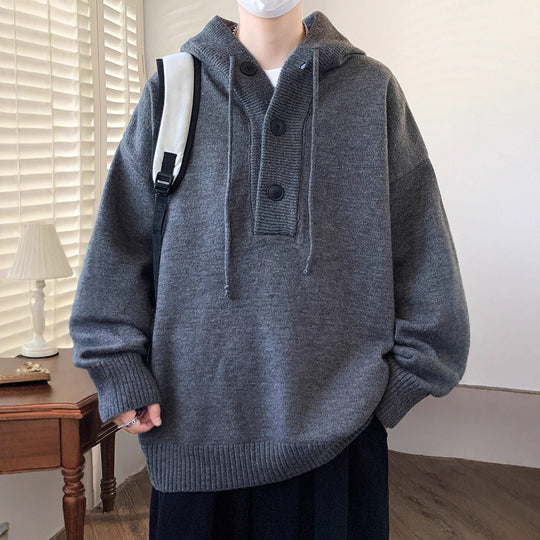 Unisex Oversize Strick-Hoodie mit Halbknopfblende und Rippbündchen Shop Nory