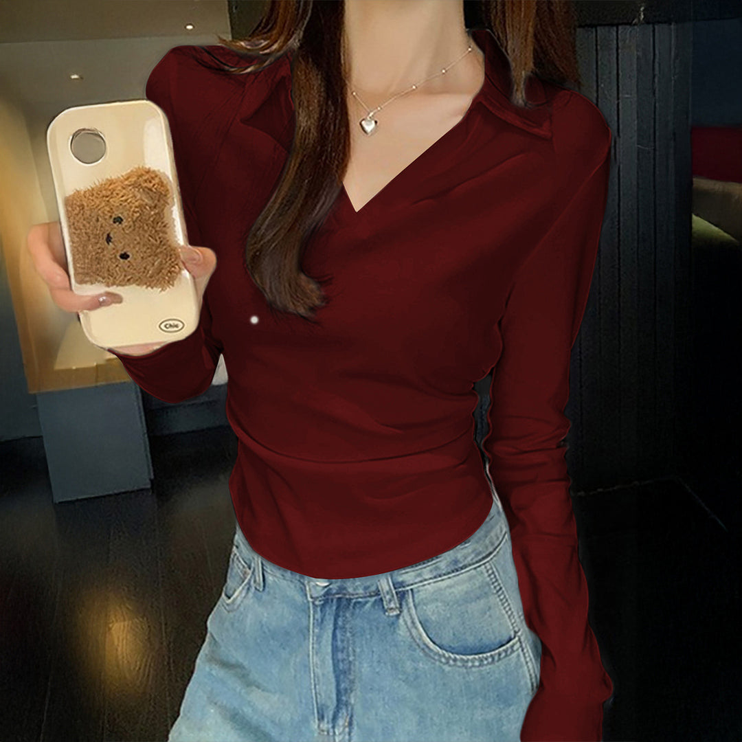 Damen nan tailliertes Langarmshirt mit V-Ausschnitt und Hemdblusenkragen Shop Nory