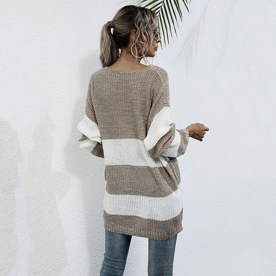 Damen Langer Oversize-Strickpullover mit breiten Blockstreifen und überschnittener Schulter Shop Nory
