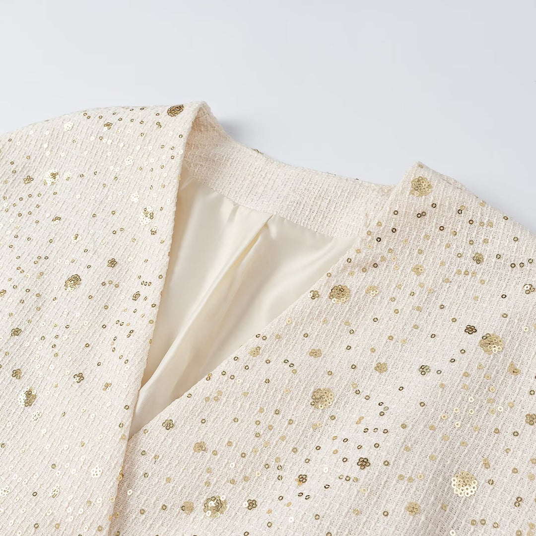 Damen Ärmellose Bouclé-Weste mit Paillettenbesatz und V-Ausschnitt Shop Nory