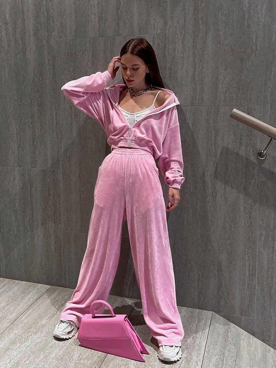 Damen luxuriöses Velours Lounge-Set mit kurzem Reißverschlussjacke und hochtaillierter Gummibund-Jogger Shop Nory