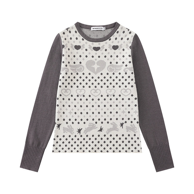 Damen Feinstrick-Pullover mit Jacquard-Motiv, Rundhalsausschnitt und Kontrastärmeln Shop Nory