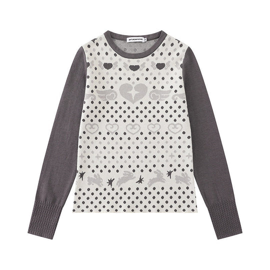 Damen Feinstrick-Pullover mit Jacquard-Motiv, Rundhalsausschnitt und Kontrastärmeln Shop Nory
