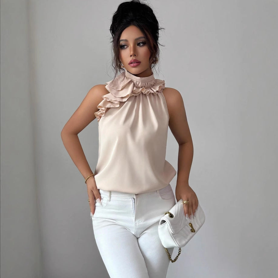 Damen Hochgeschlossenes Chiffon-Top mit Rüschenkragen und asymmetrischem Volant Shop Nory
