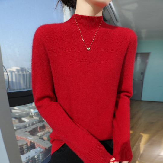 Damen Schlanker minimalistischer Stehkragen-Feinstrickpullover mit geripptem Hals Shop Nory