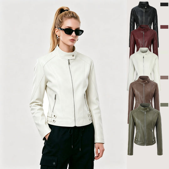 Damen Kurze taillierte Motorjacke aus Kunstleder mit Stehkragen und Schnallgurten Shop Nory