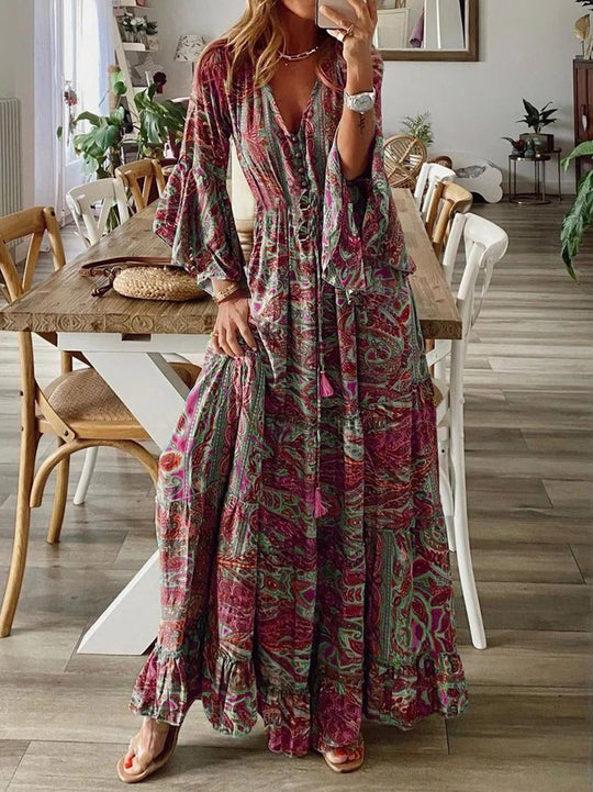 Damen Boho Maxikleid mit Paisley-Print, V-Ausschnitt, Stufenrock und Bindegürtel Shop Nory