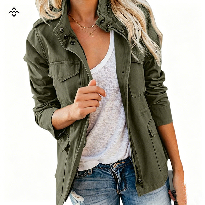 Damen leichte Feldjacke im Utility-Stil mit Stehkragen und Mehrfachtaschen Shop Nory