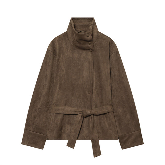 Damen Kurzjacke im Boxy-Cut aus Velourslederoptik mit hohem Stehkragen und Bindegürtel Shop Nory