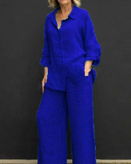 Damen Leichtes Leinen-Loungewear-Set mit Oversized-Hemd und weiter Palazzo-Hose Shop Nory