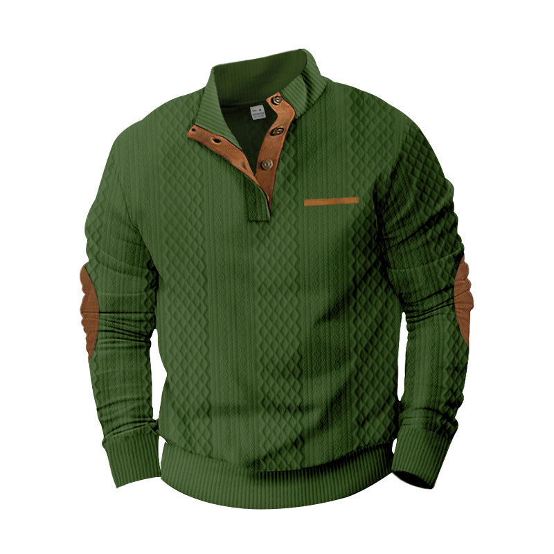 Herren nan strukturierter Stehkragen-Pullover mit halber Knopfleiste und Ellbogen-Patches Shop Nory