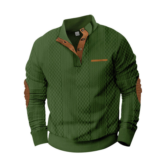 Herren nan strukturierter Stehkragen-Pullover mit halber Knopfleiste und Ellbogen-Patches Shop Nory