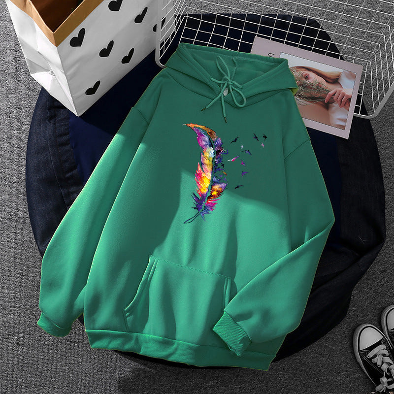 Damen nan Kapuzenpullover mit künstlerischem Aquarell‑Federmotiv, Oversize‑Schnitt und Kängurutasche Shop Nory
