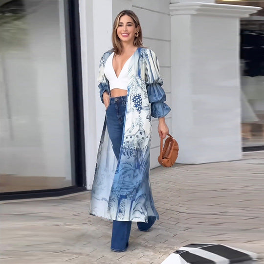 Damen Kimono mit floralem Muster und lässigen Volantärmeln Shopnory