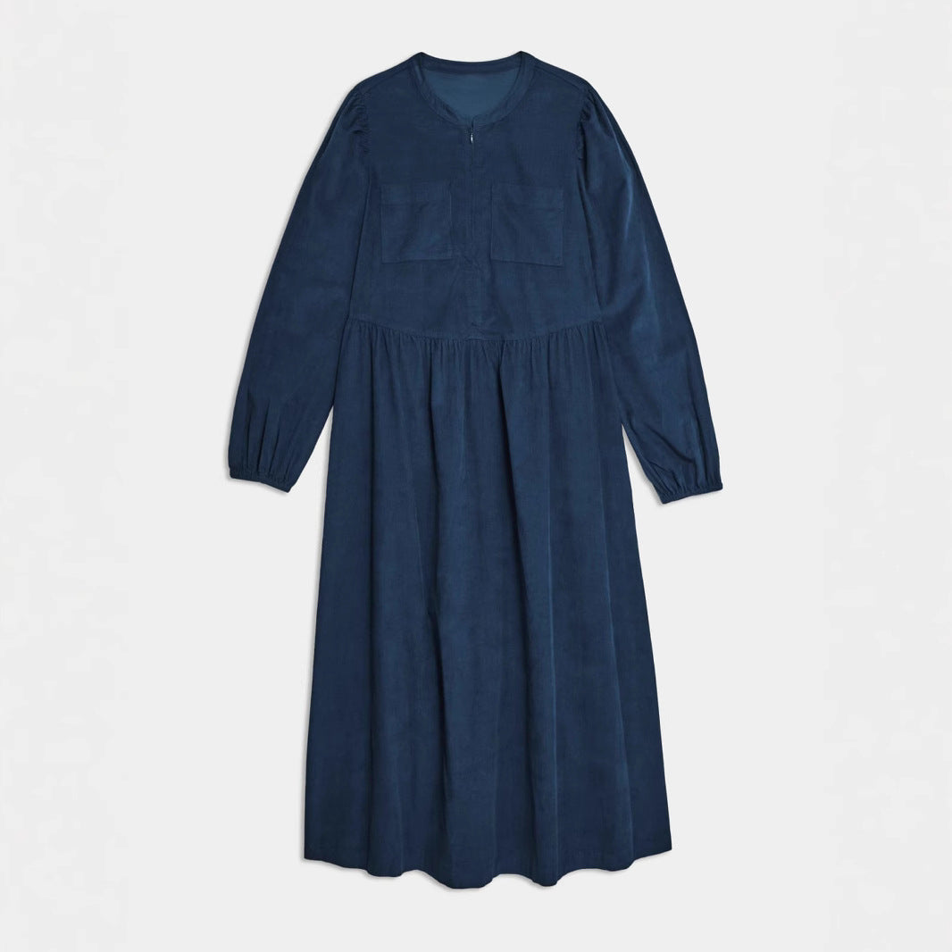 Damen Langes Cordkleid mit geraffter Taillennaht, Brusttaschen und kurzem Reißverschluss Shop Nory