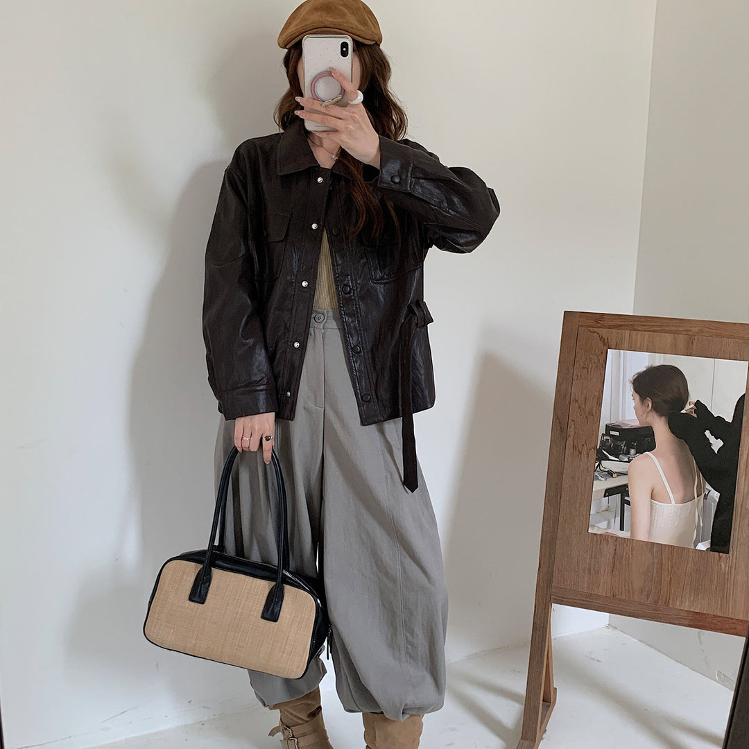 Damen Kurze Oversize-Lederjacke mit Taillenzug und Druckknopfleiste Shop Nory